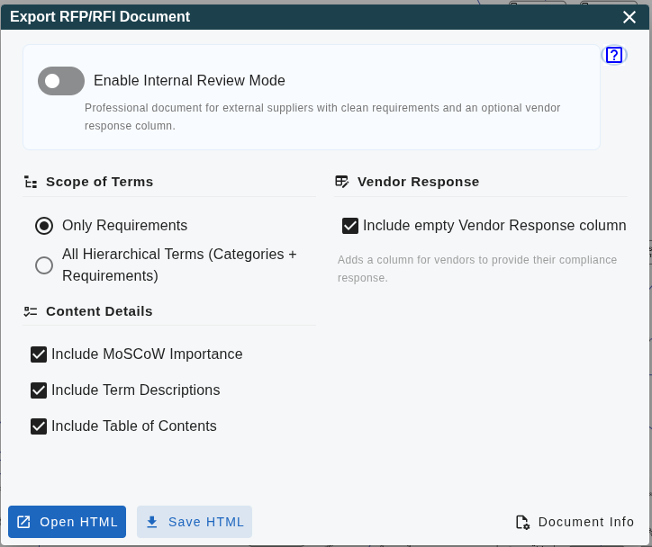 RFP External Export Dialog