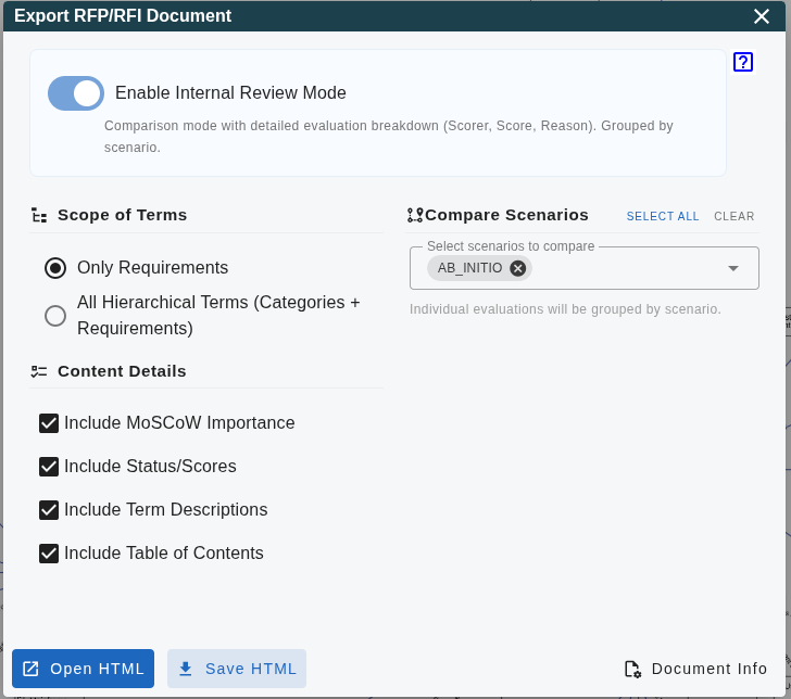 RFP Internal Export Dialog